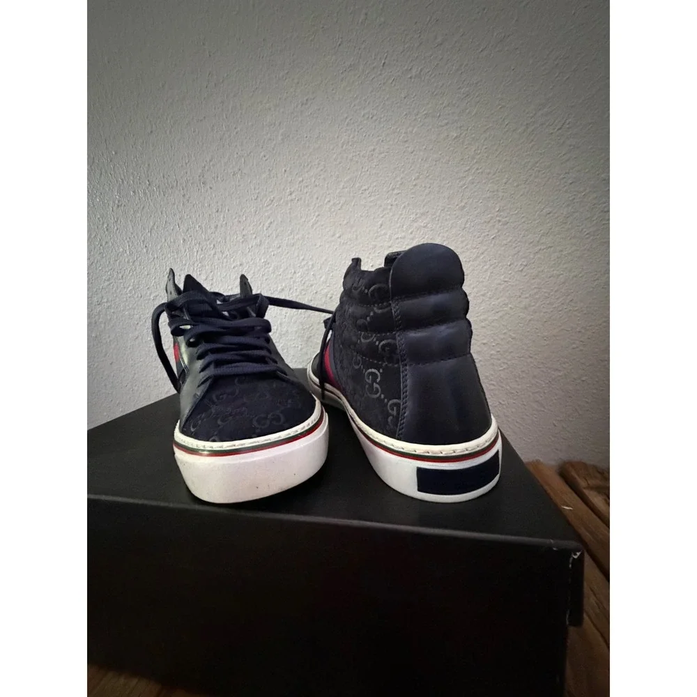 Gucci High Top Sneakers Size 8 Navy Blue GG Monogram Web Stripe 221825